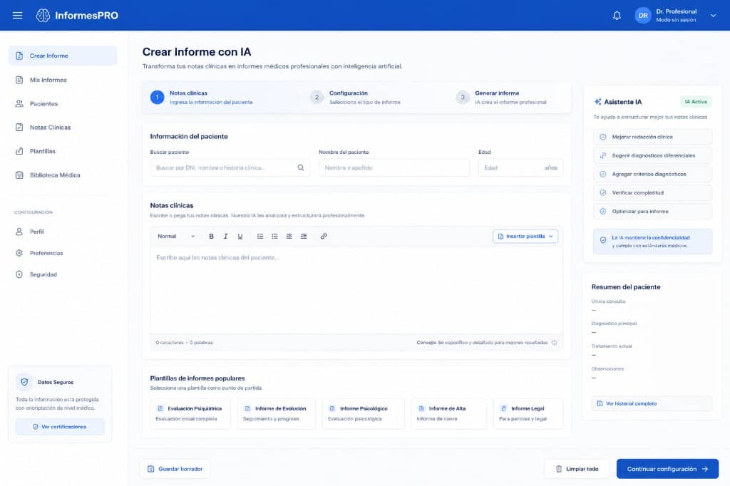 Captura de interfaz: Plataforma de informes clínicos con IA